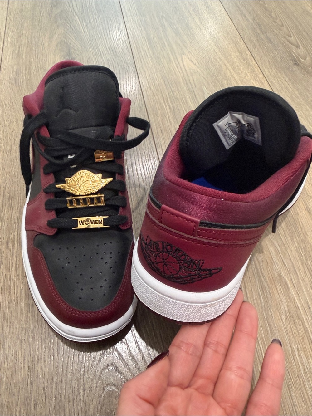 Jordan Women's Low Sneaker in Burgundy, Black & White with Gold Accents - Picture 1 of 3